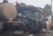 UP: 12 dead in bus-gas tanker collision UP: 12 dead in bus-gas tanker collision