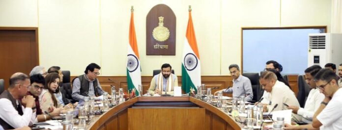 Haryana CM Nayab Singh Saini chairing review meeting on five-year roadmap and action plan under 'Haryana Vision-2047'.