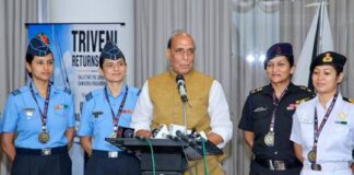 Rajnath felicitates crew of first all-women Tri-services global sailing expedition